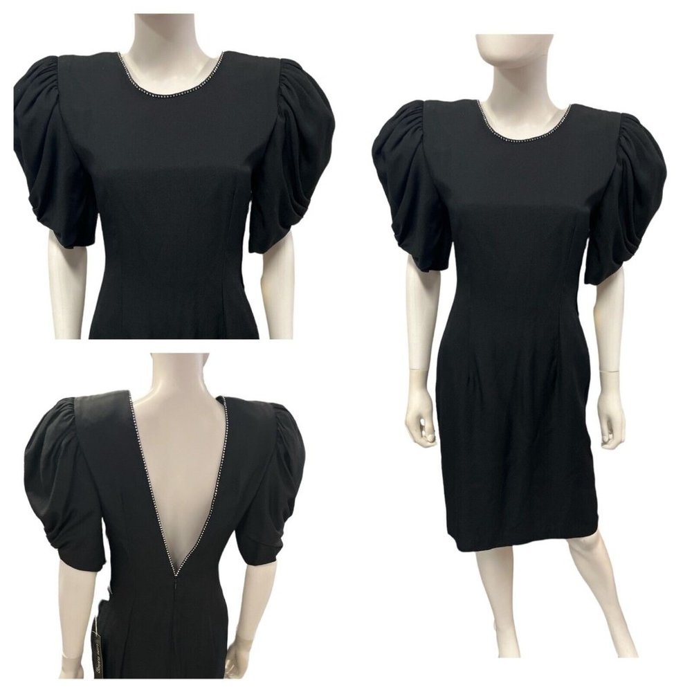 VTG Late Editions Womens Black Big Puffy Short Sleeve Dress Size 6 Rhinestones - Picture 1 of 4